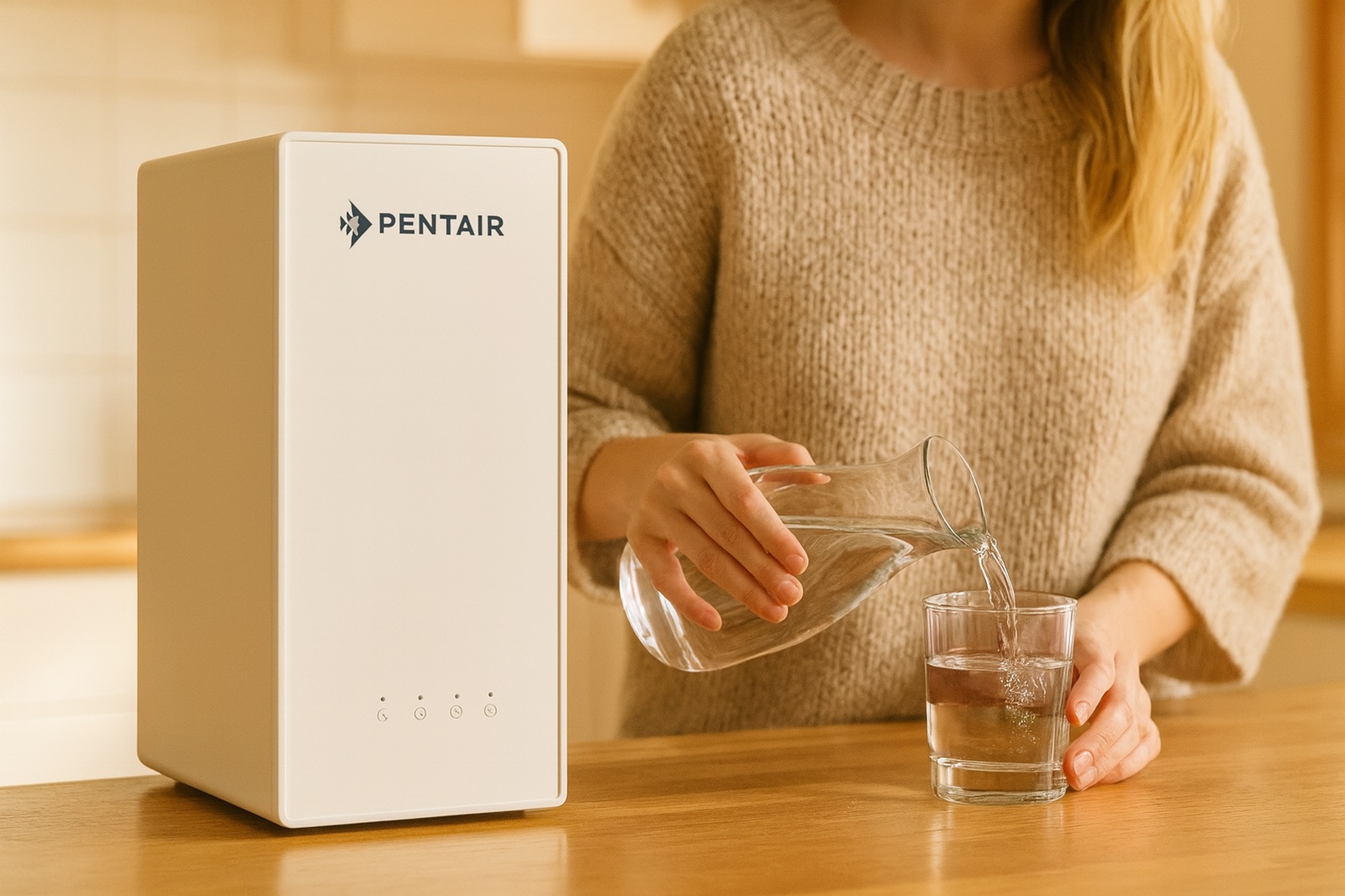 Pouring a glass of filtered water beside the Pentair ES60 in a warm kitchen