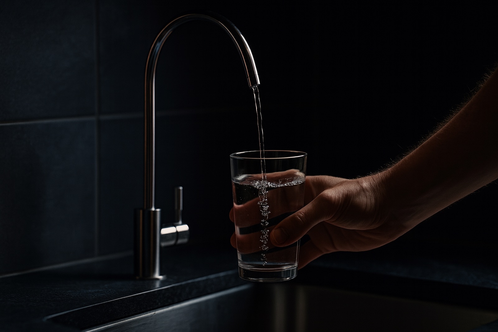 A glass filling from the ES60's own tap in a dark-tiled kitchen