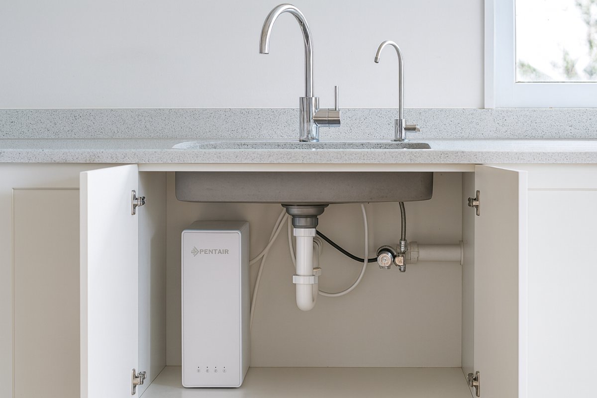 A modern kitchen with the under-sink cupboard open and the ES60 standing inside