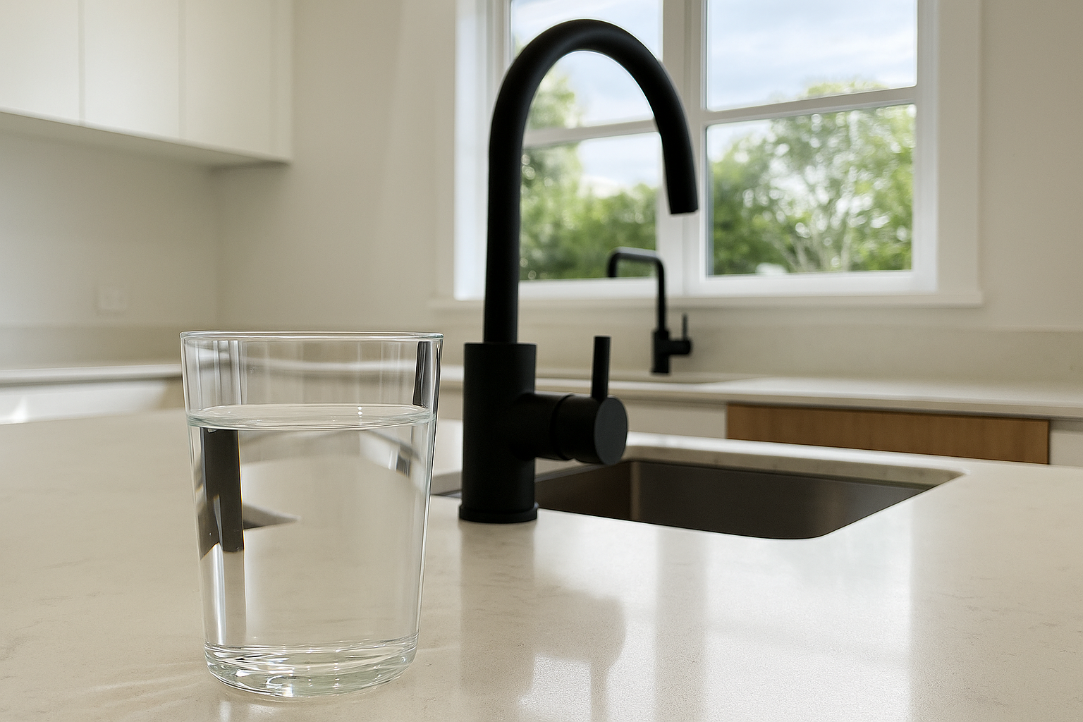 A glass of water on the kitchen bench.