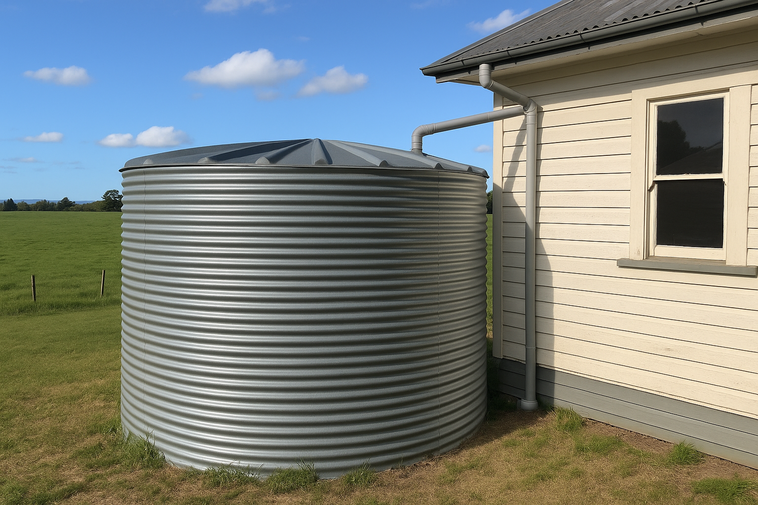 New Zealand home and rainwater tank on a sunny day
